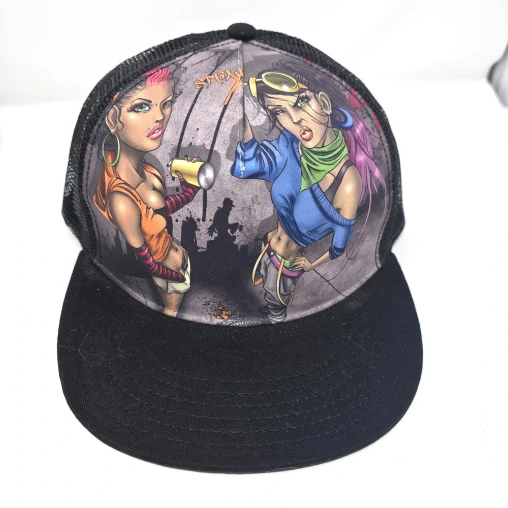 Trucker Hat Mens Black Urban Graffiti Character Graphic Mesh Back Streetwear NWT